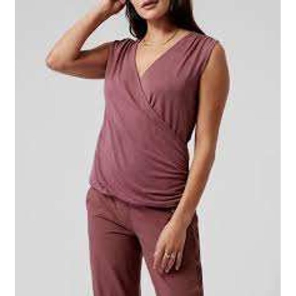 Athleta Breezy Wrap Tank Mauve Pink Slub Knit Surplice Sleeveless Top Small